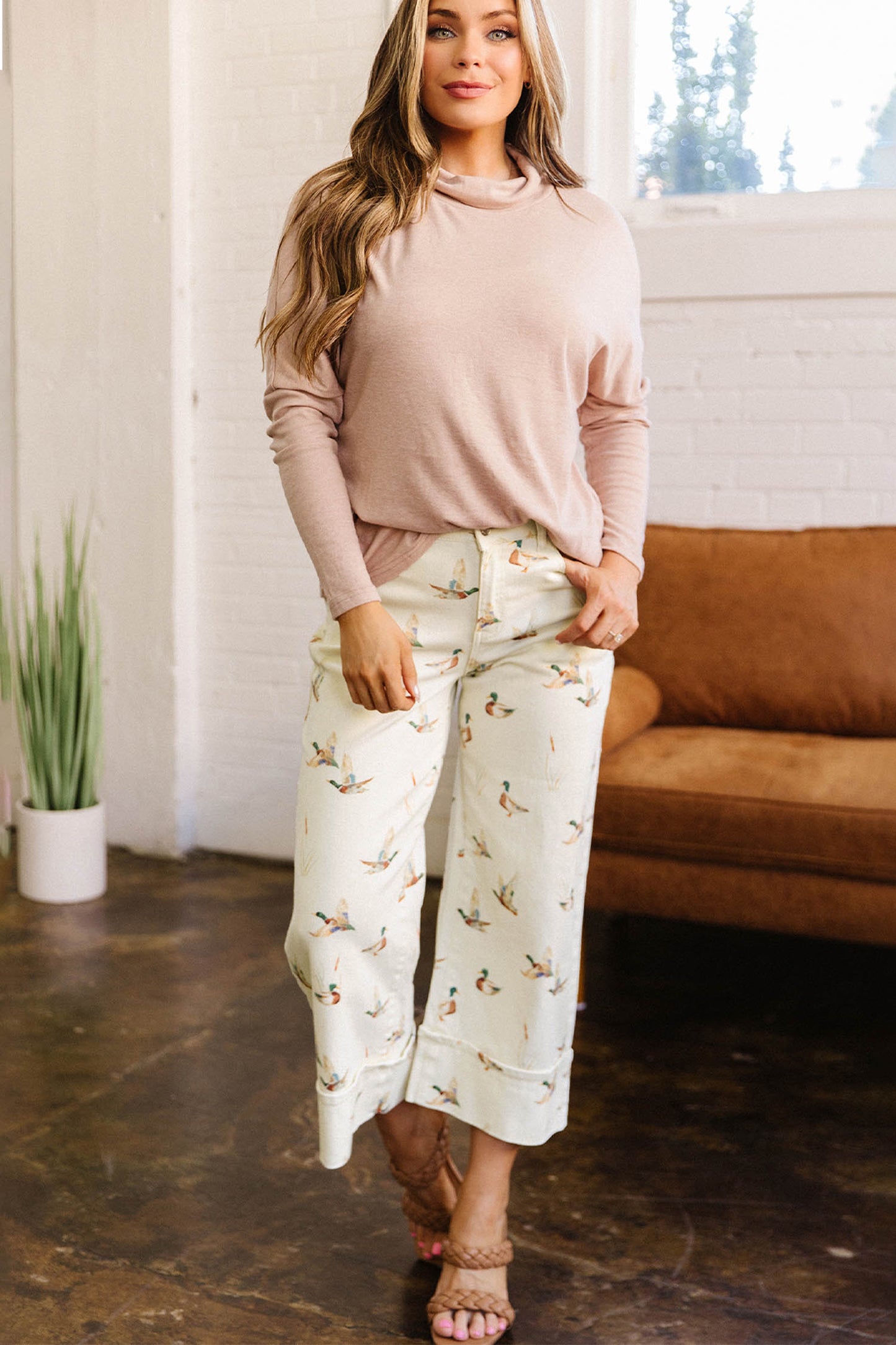 Beige Mallard Print Cuffed Jeans