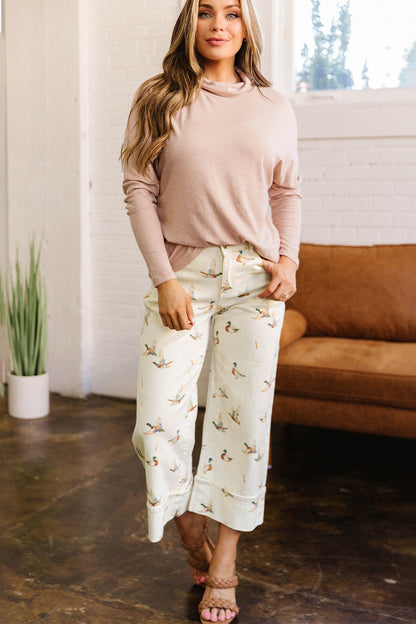 Beige Mallard Print Cuffed Jeans