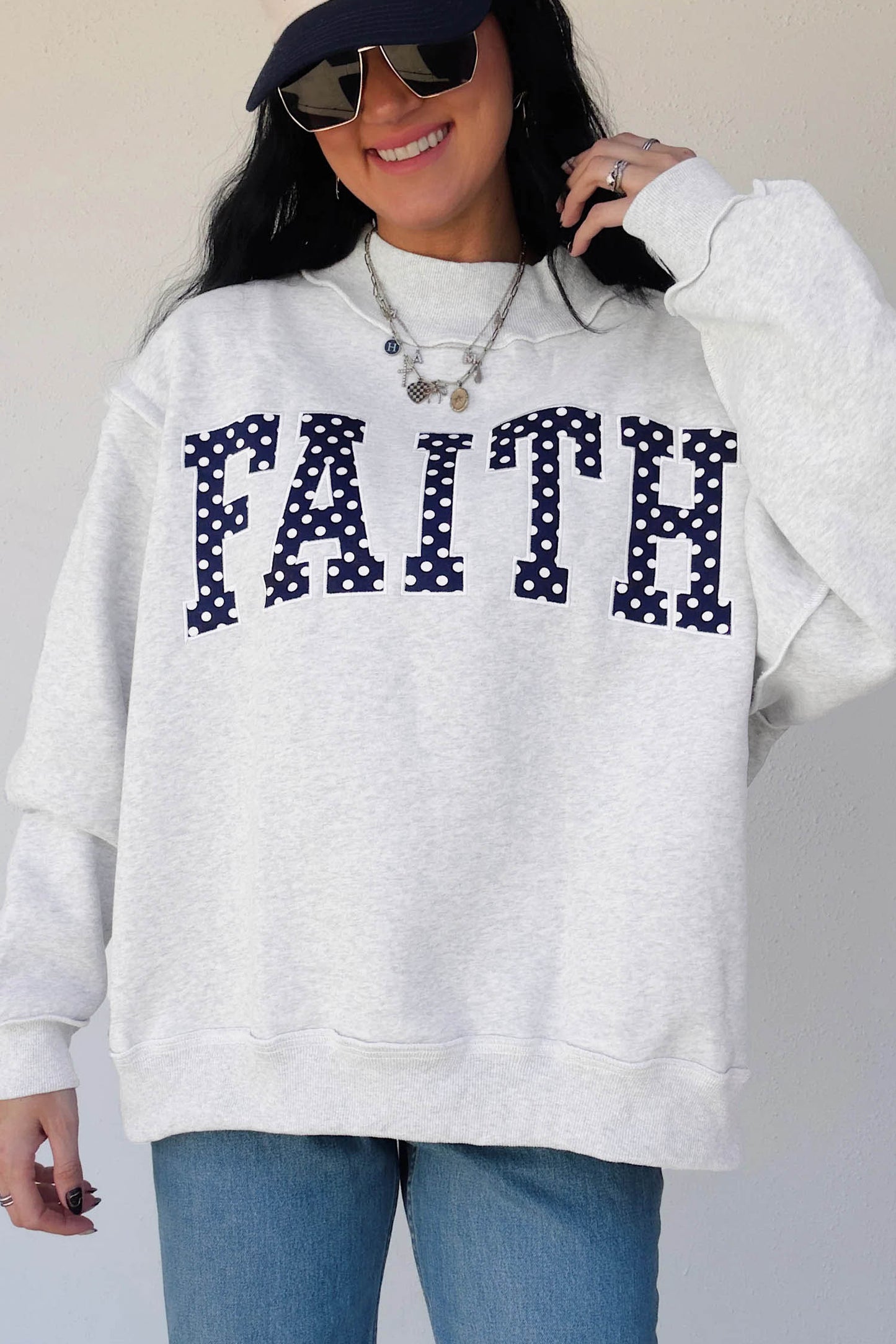 Light Grey High Neck Polka Dot Slogan Printed Baggy Sweatshirt