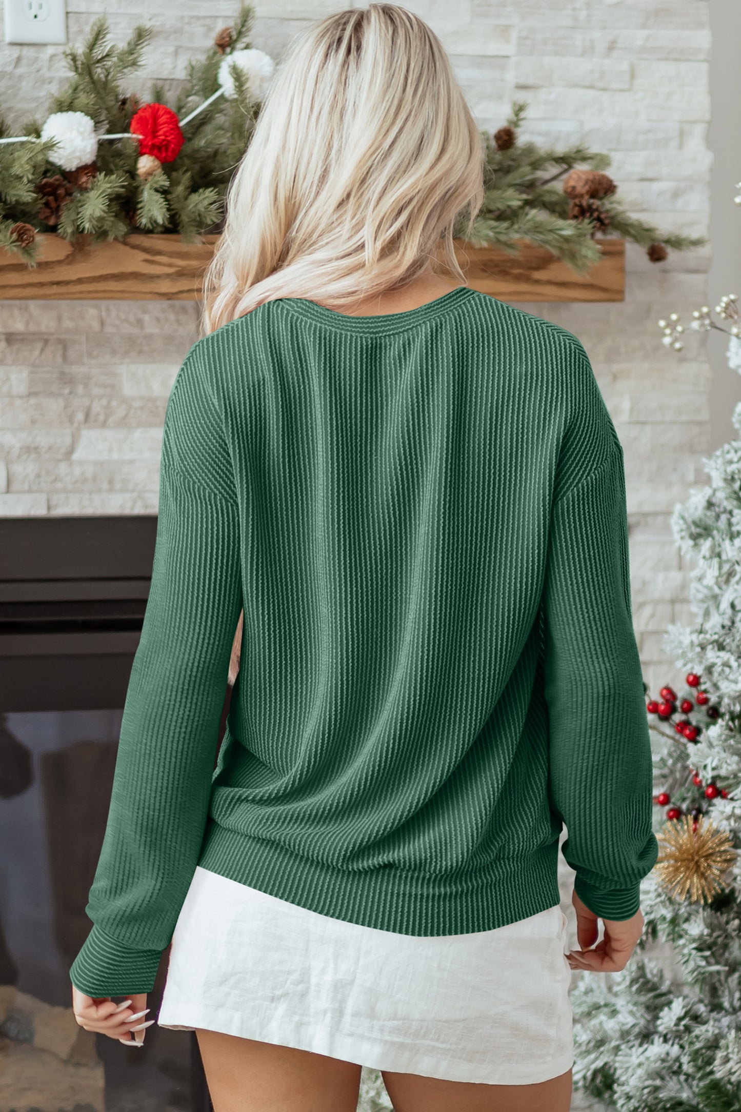 Blackish Green Twisted Rib Outlined Merry Letter Graphic Loose Long-Sleeve Top