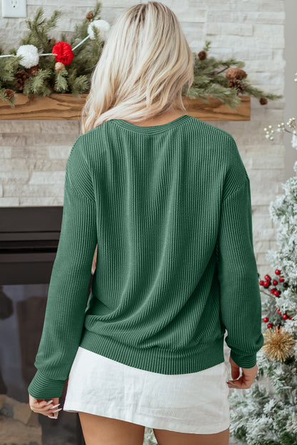 Blackish Green Twisted Rib Outlined Merry Letter Graphic Loose Long-Sleeve Top