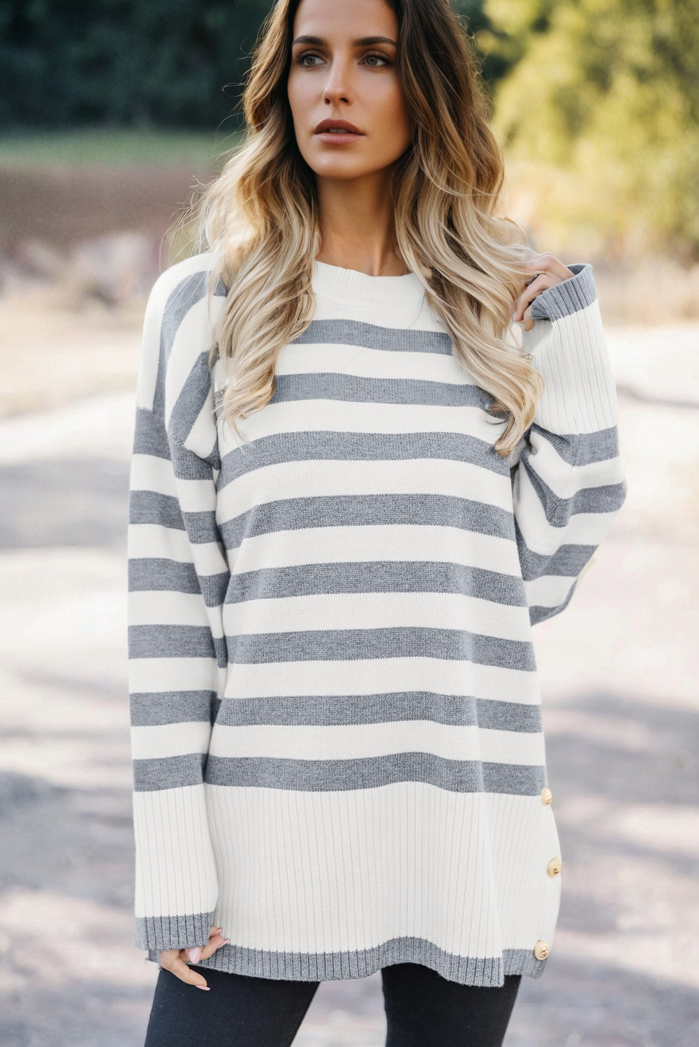 Gray Striped Button-Detail Tunic Sweater