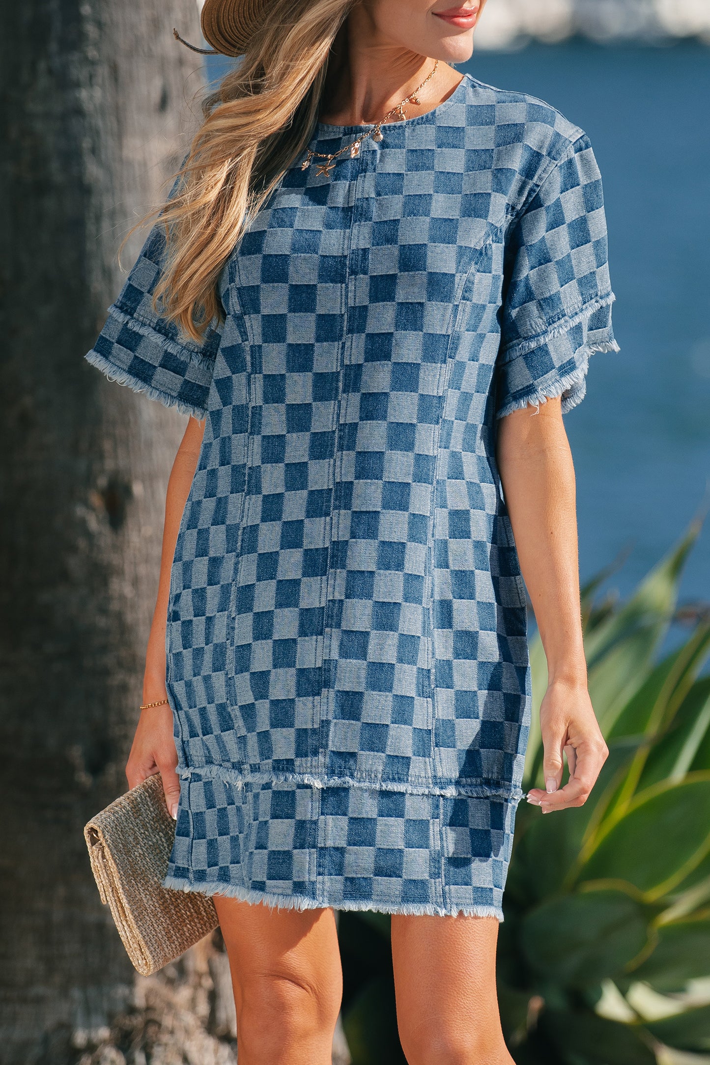 Sky Blue Checkerboard Denim Mini Dress