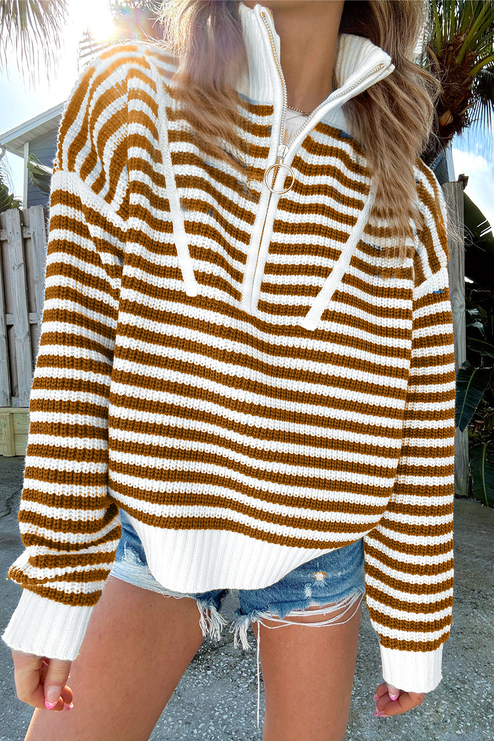 Khaki Striped Zip-Collar Sweater