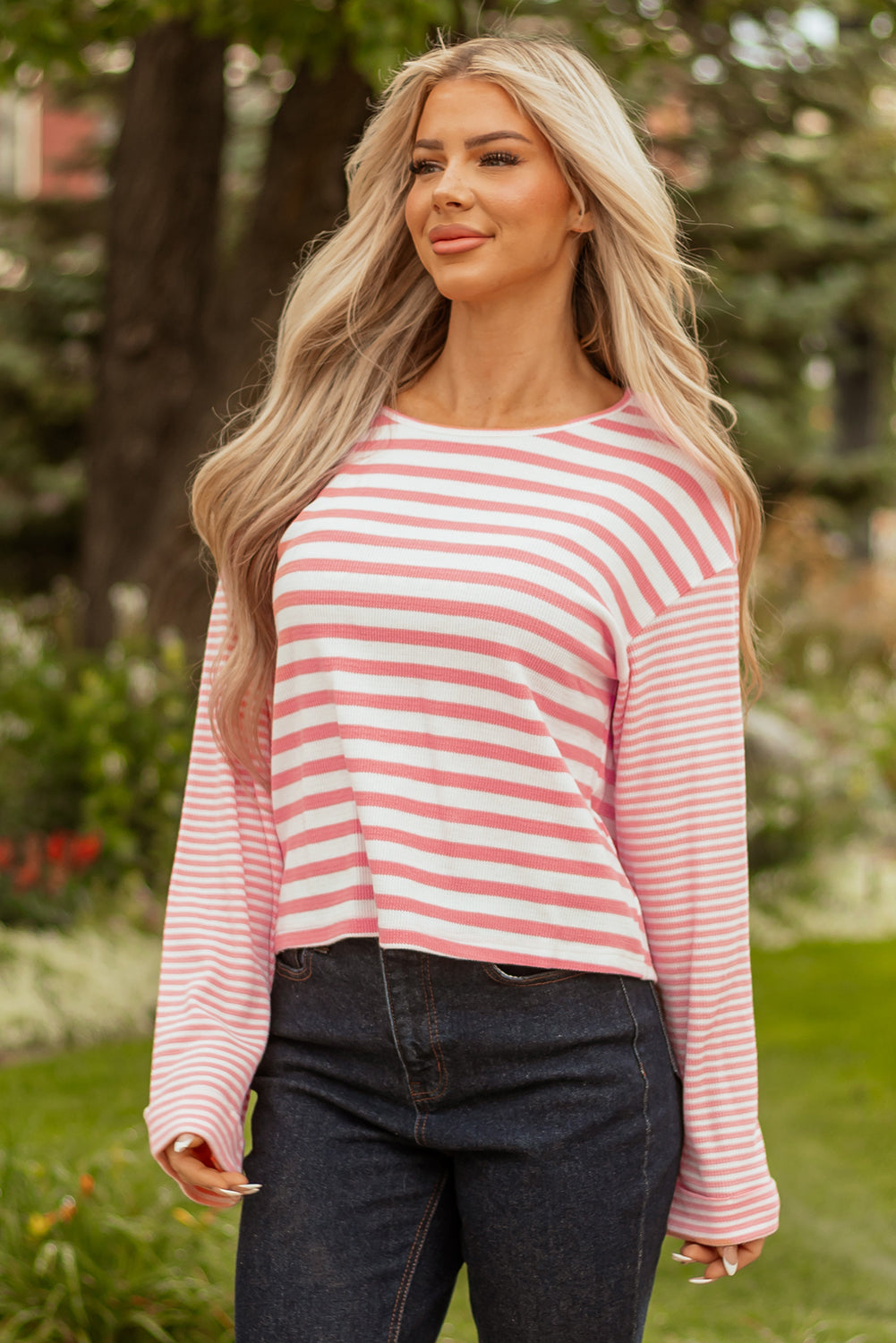 Pink Striped Waffle-Knit Top