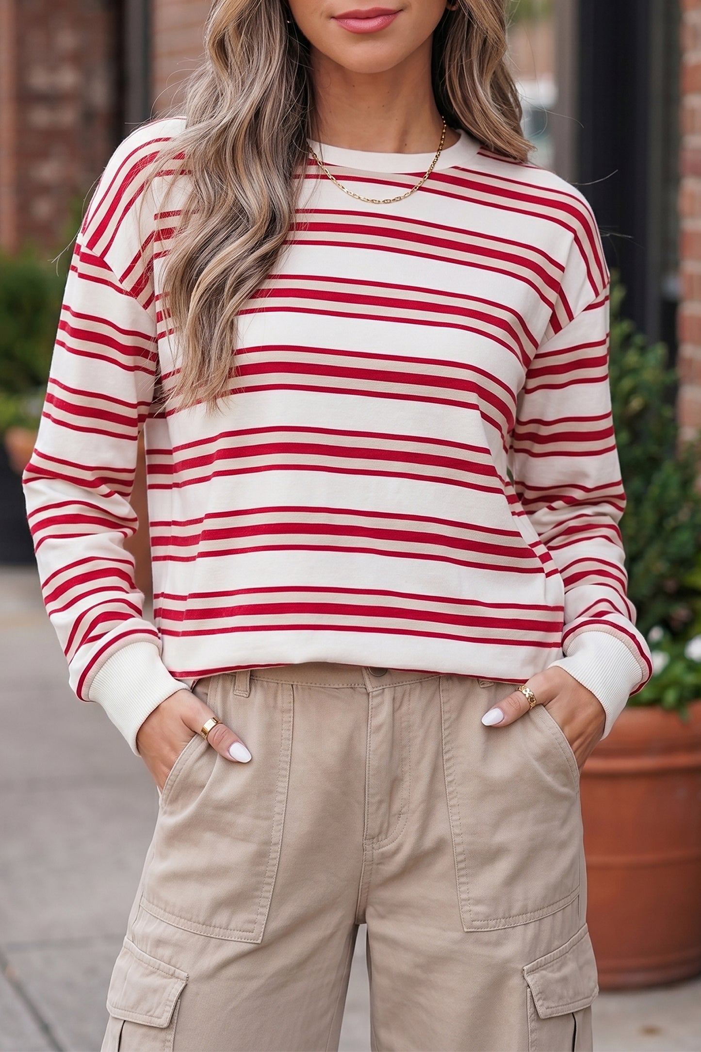 Red Striped Drop-Shoulder Long-Sleeve Top
