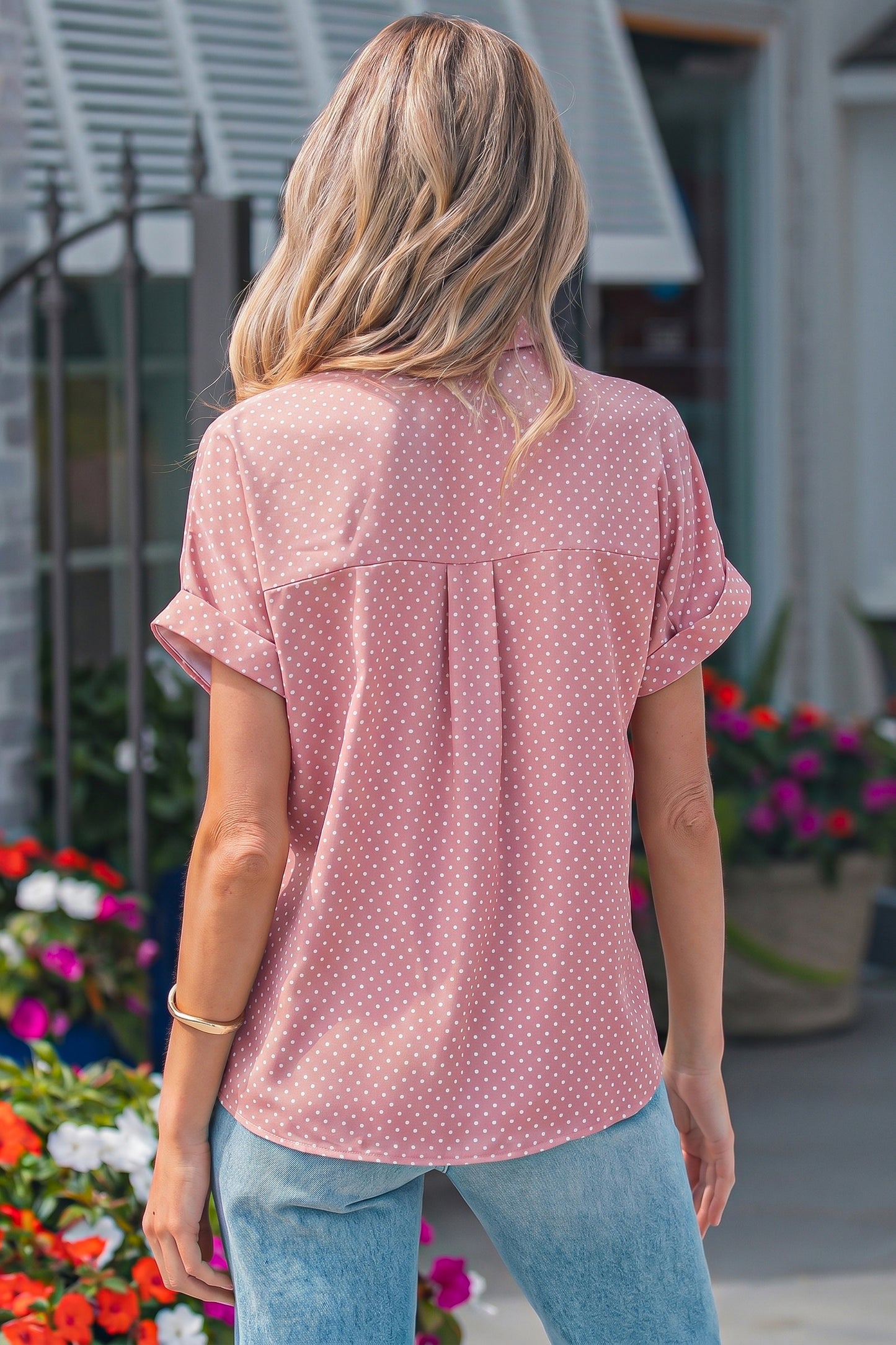 Pink Polka-Dot Cuffed-Sleeve Shirt