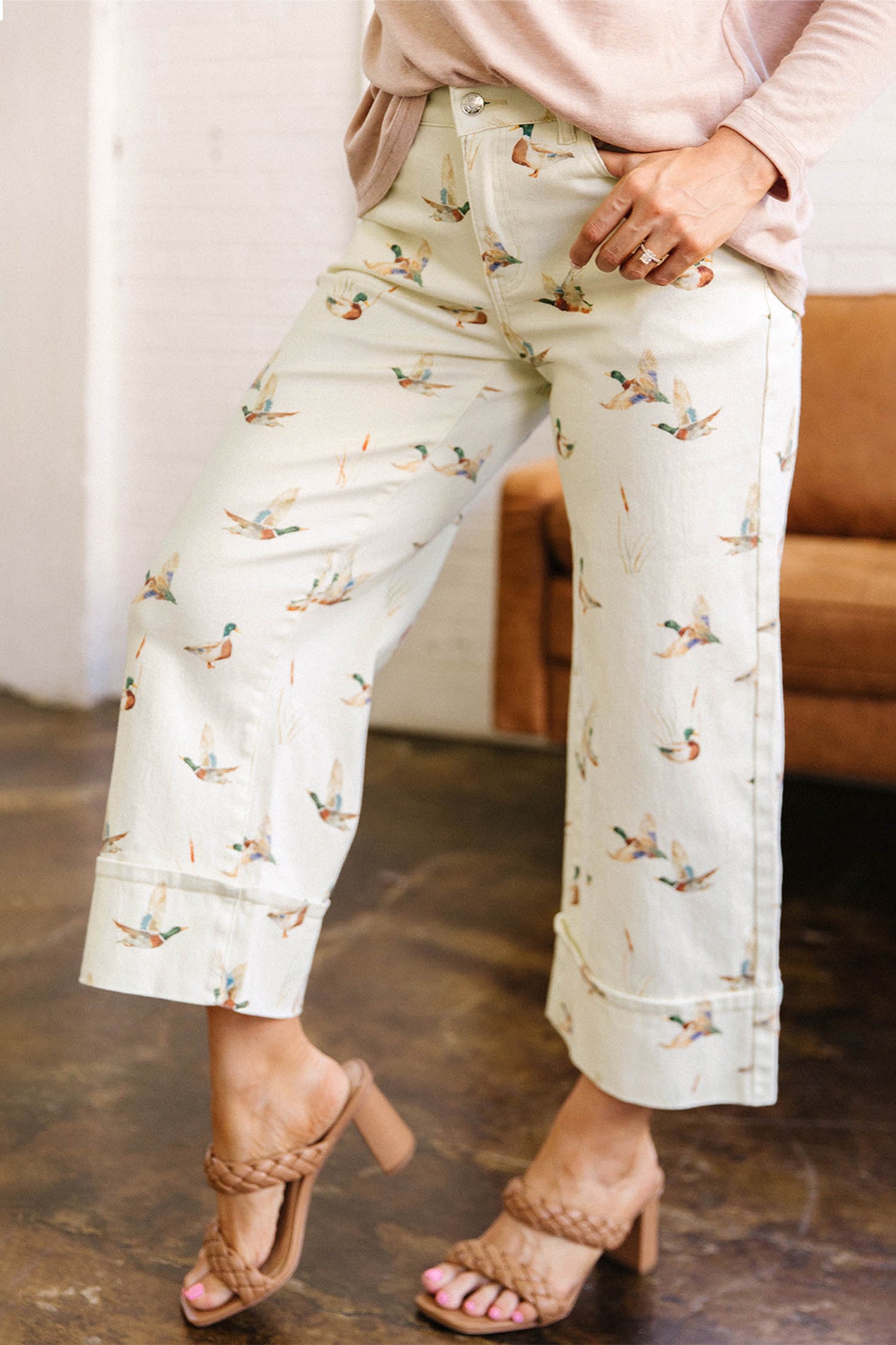 Beige Mallard Print Cuffed Jeans