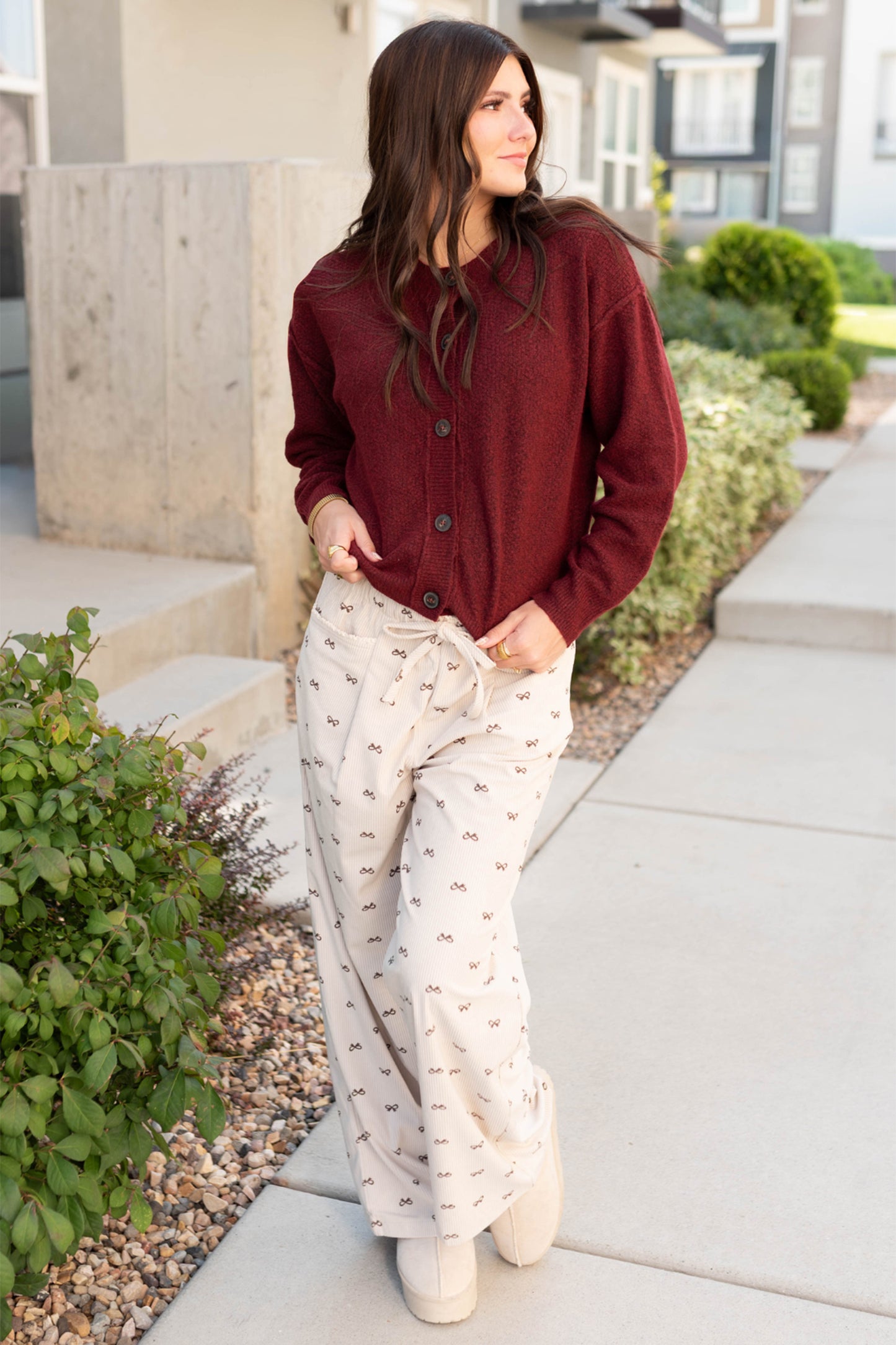Apricot Bow-Print Corduroy Pants
