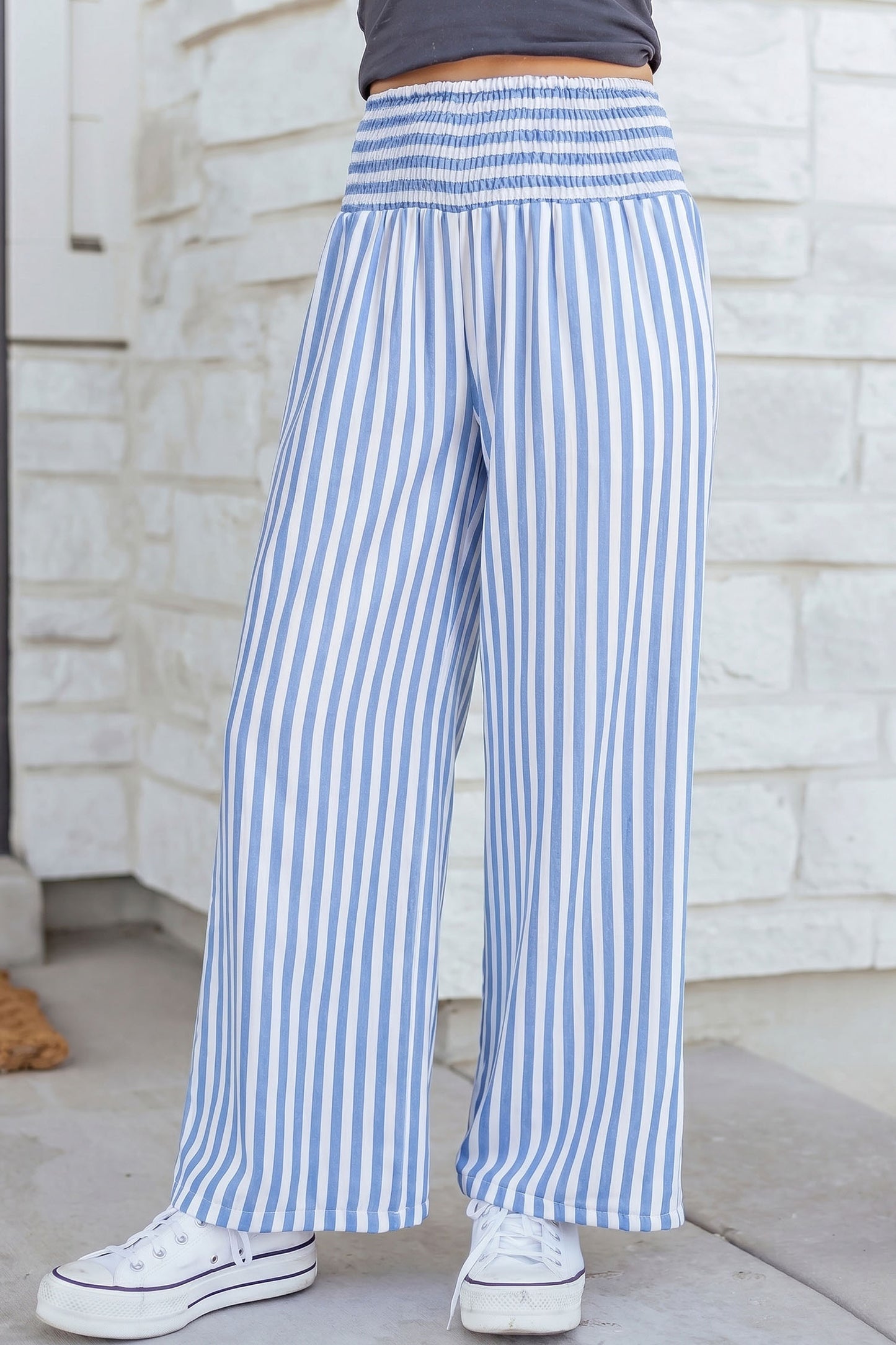 Sky Blue Striped Wide-Leg Pants