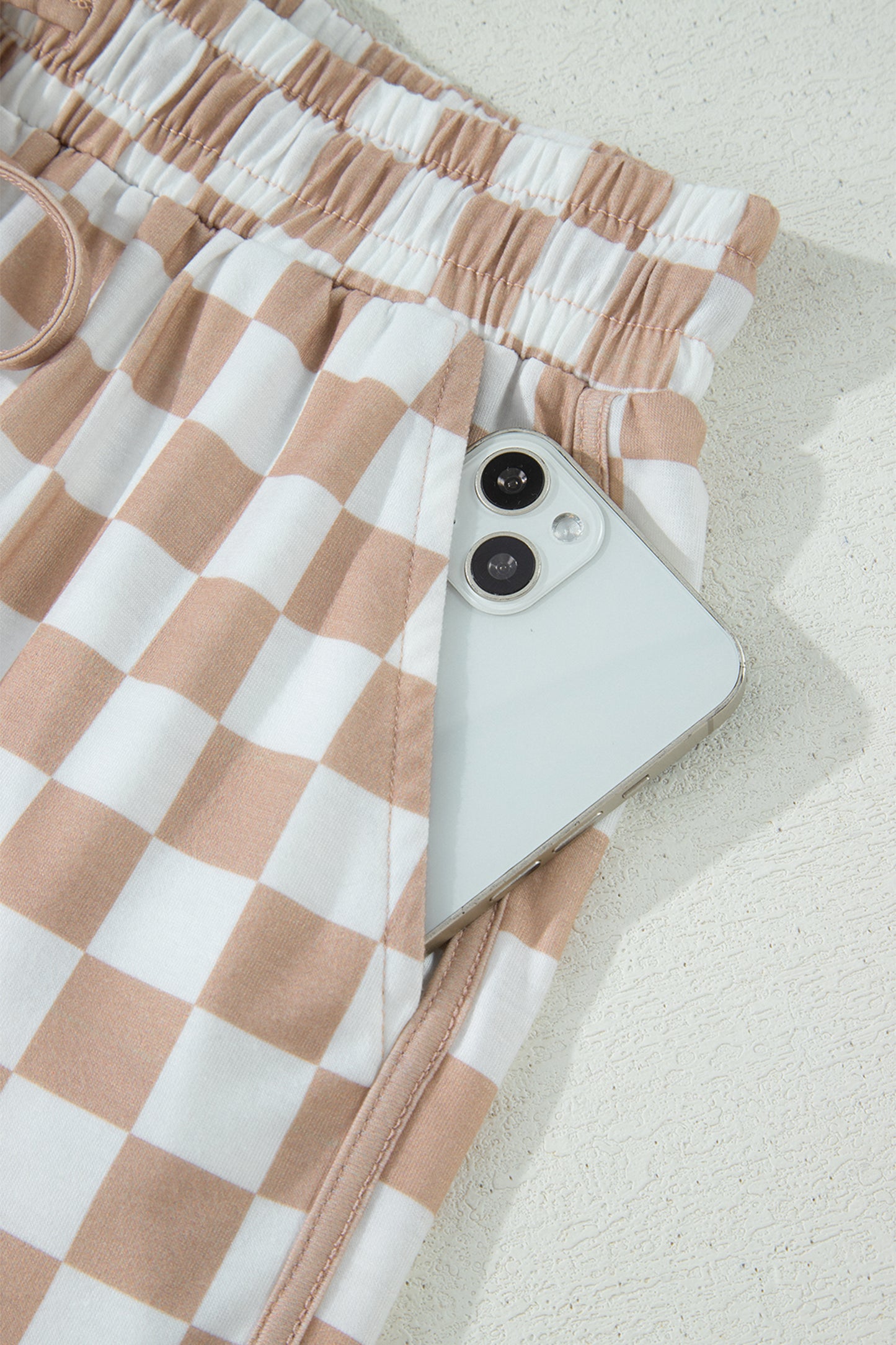 Khaki Checkerboard Drawstring Shorts