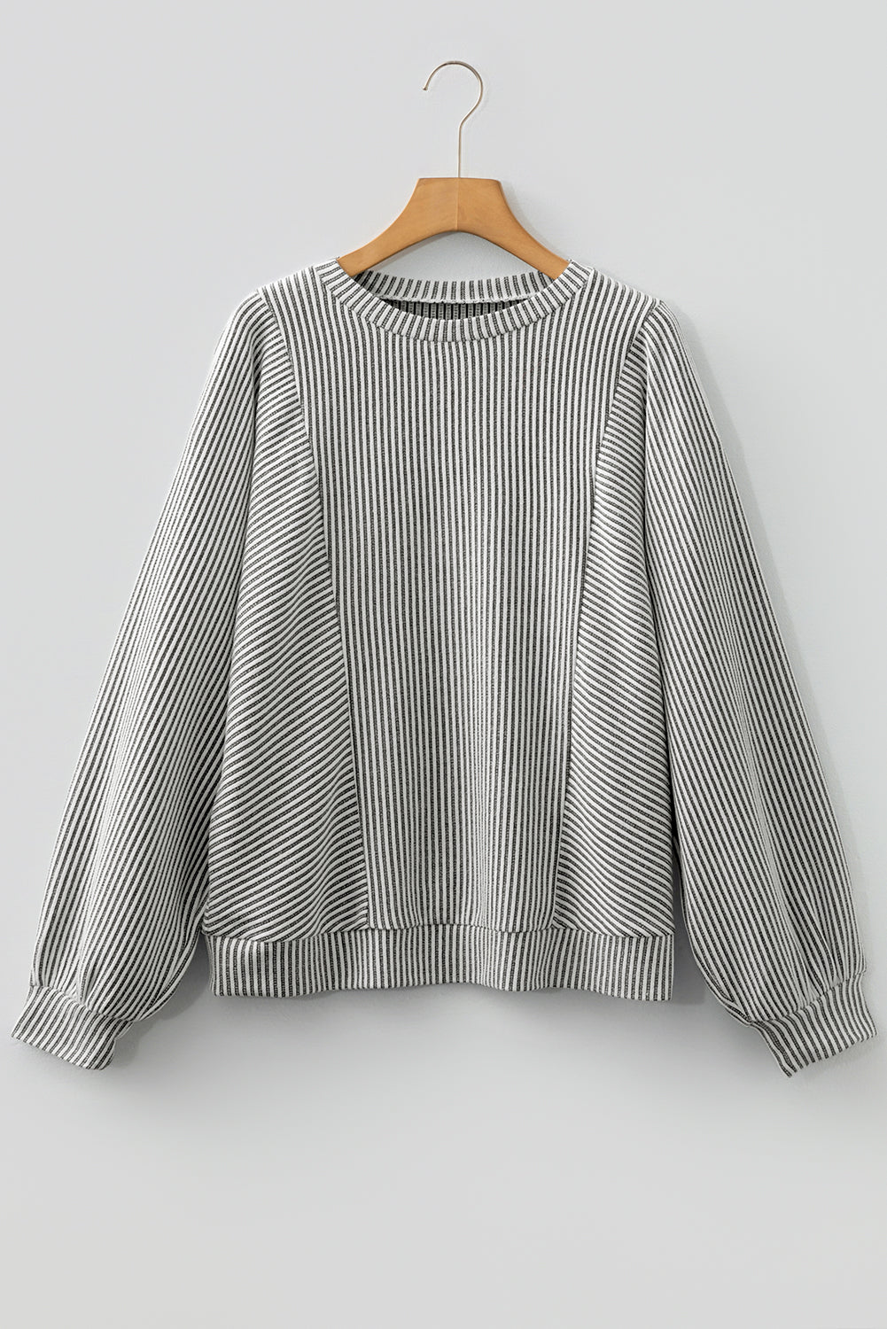 Gray Ribbed Lantern-Sleeve Knit Top