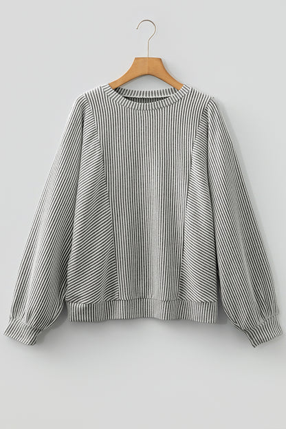 Gray Ribbed Lantern-Sleeve Knit Top