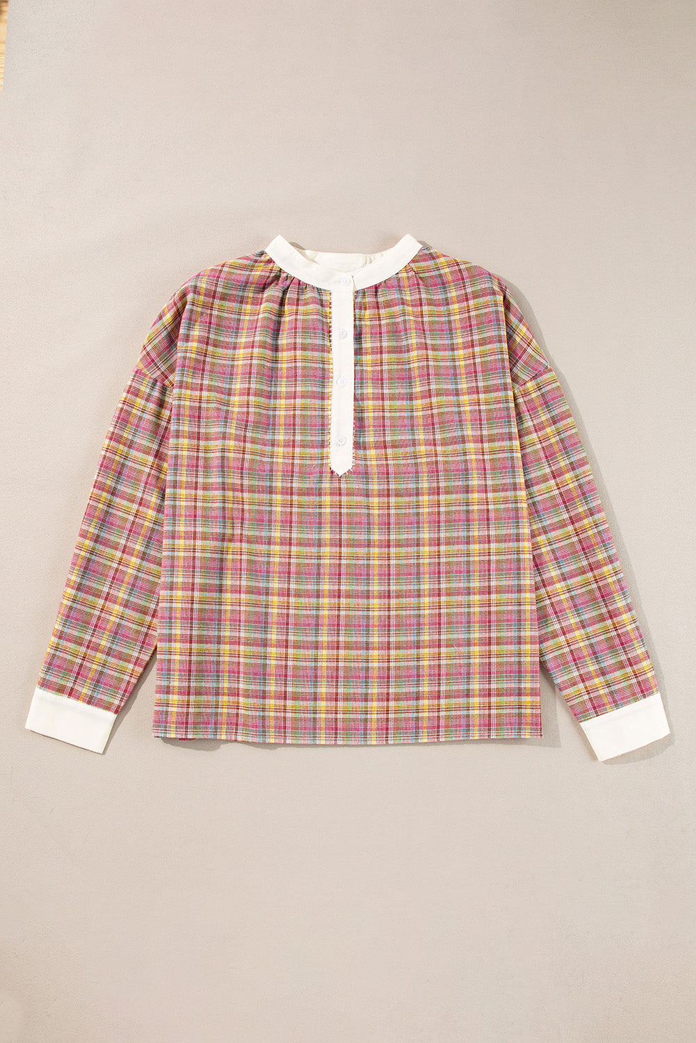Pink Plaid Contrast-Trim Henley Blouse