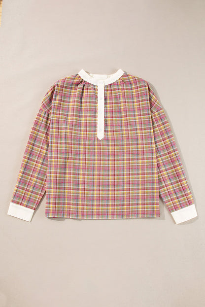 Pink Plaid Contrast-Trim Henley Blouse