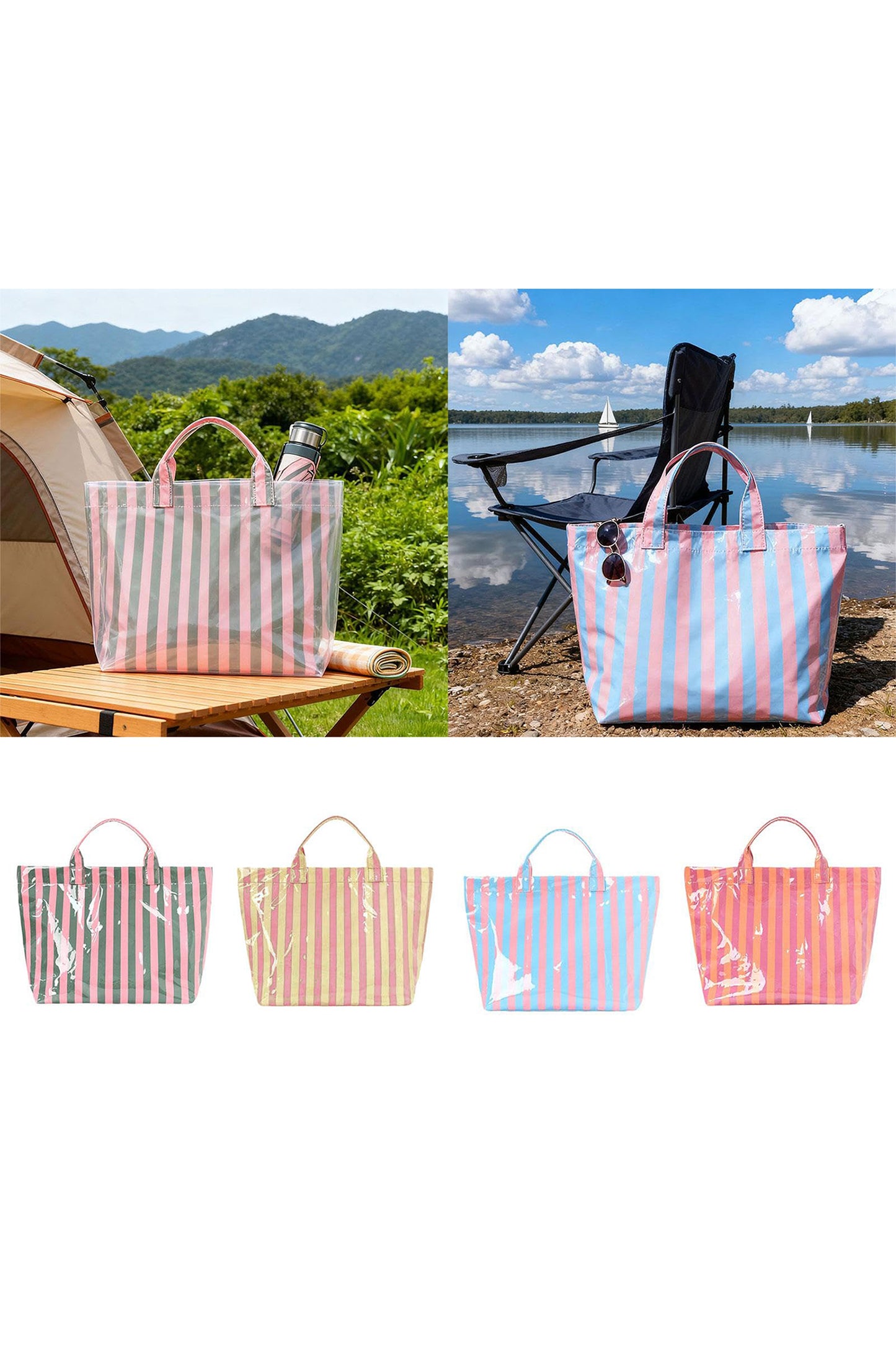 Red Glossy Striped Vinyl Large Tote Bag (Color Varied)