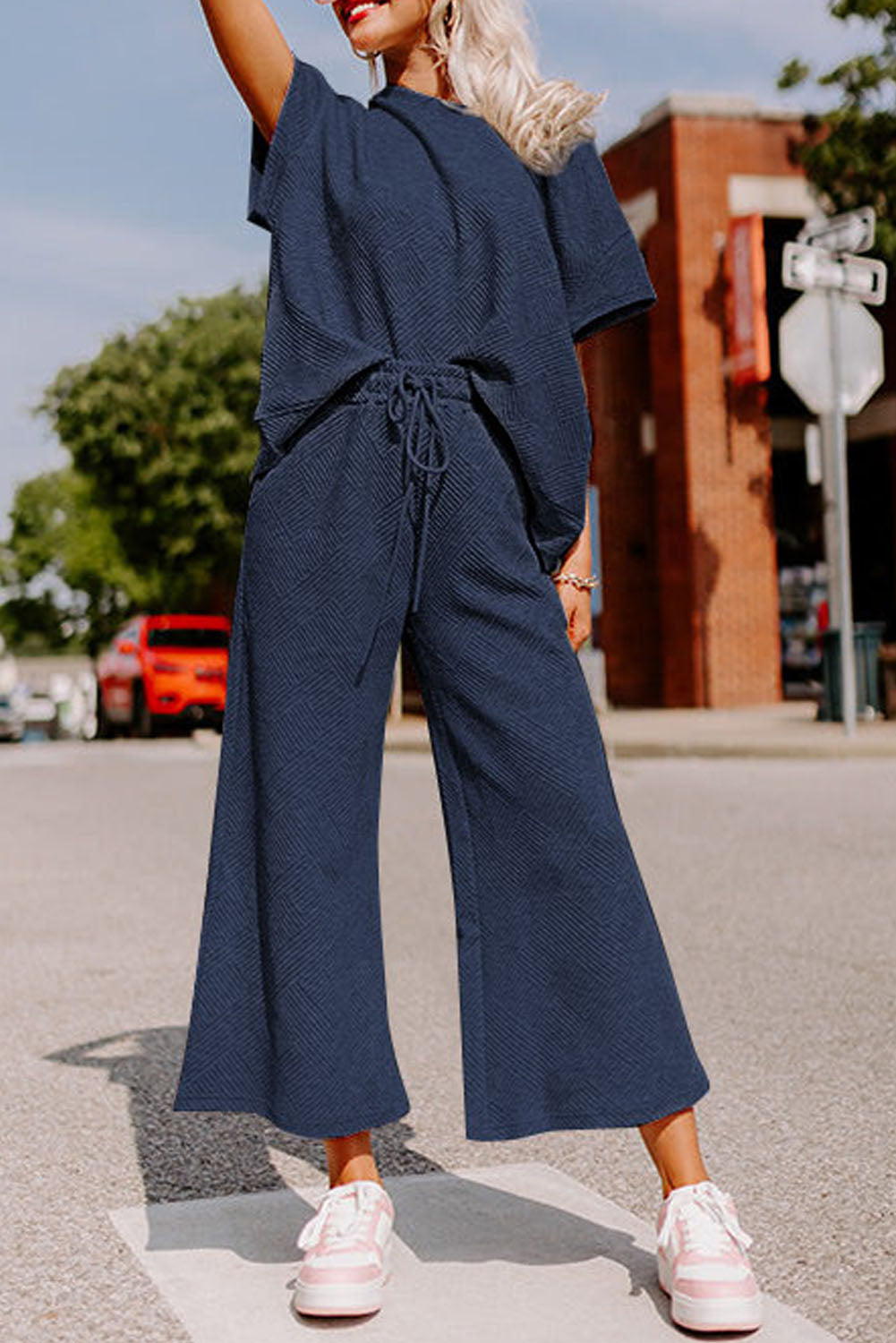 Gray Textured T-Shirt and Pants Set