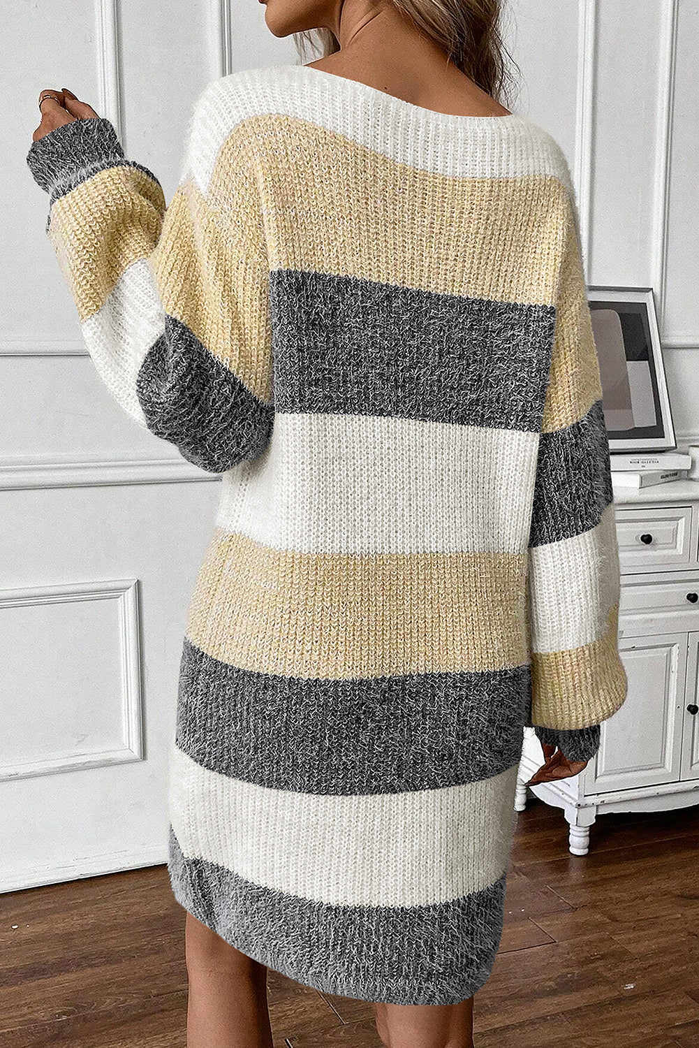 Gray Color-Block Stripe Sweater Dress