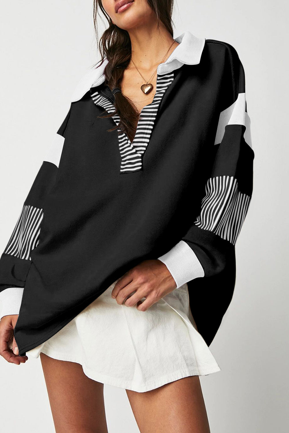 Pink Stripe Color-Block Patchwork Sweatshirt
