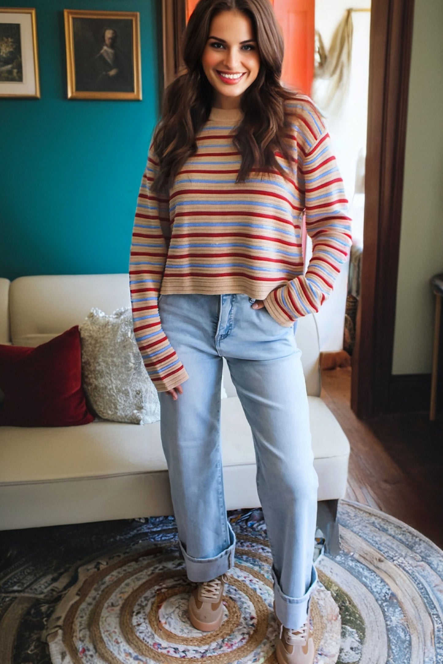 Khaki Multicolor Striped Cropped Sweater