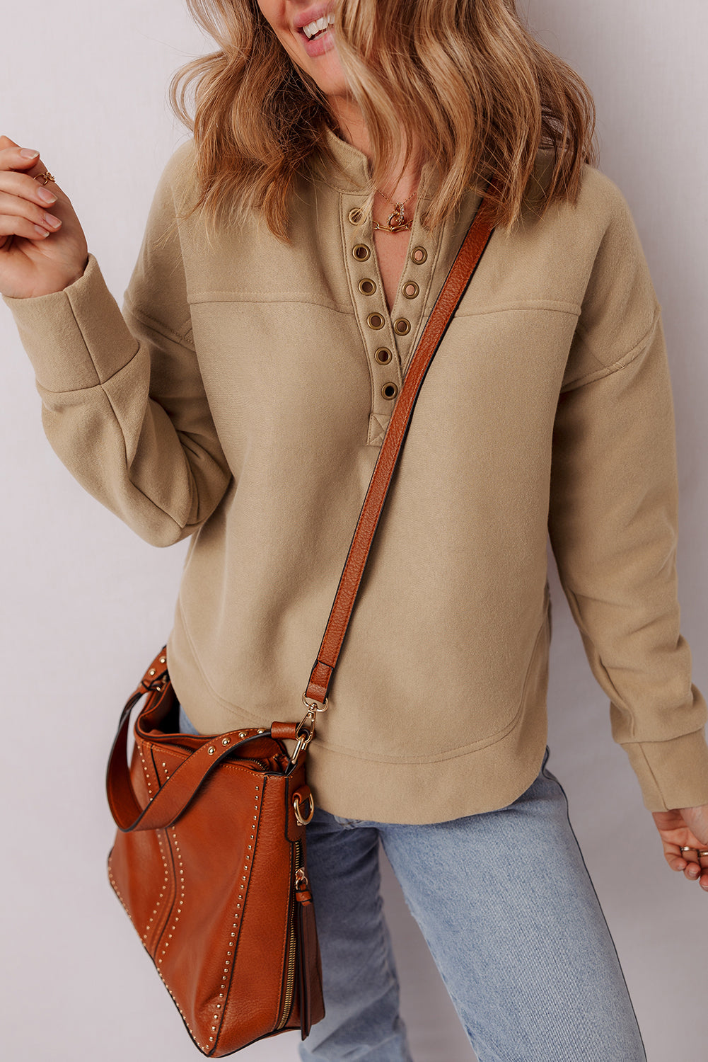 Light Beige Grommet V-Neck Sweatshirt