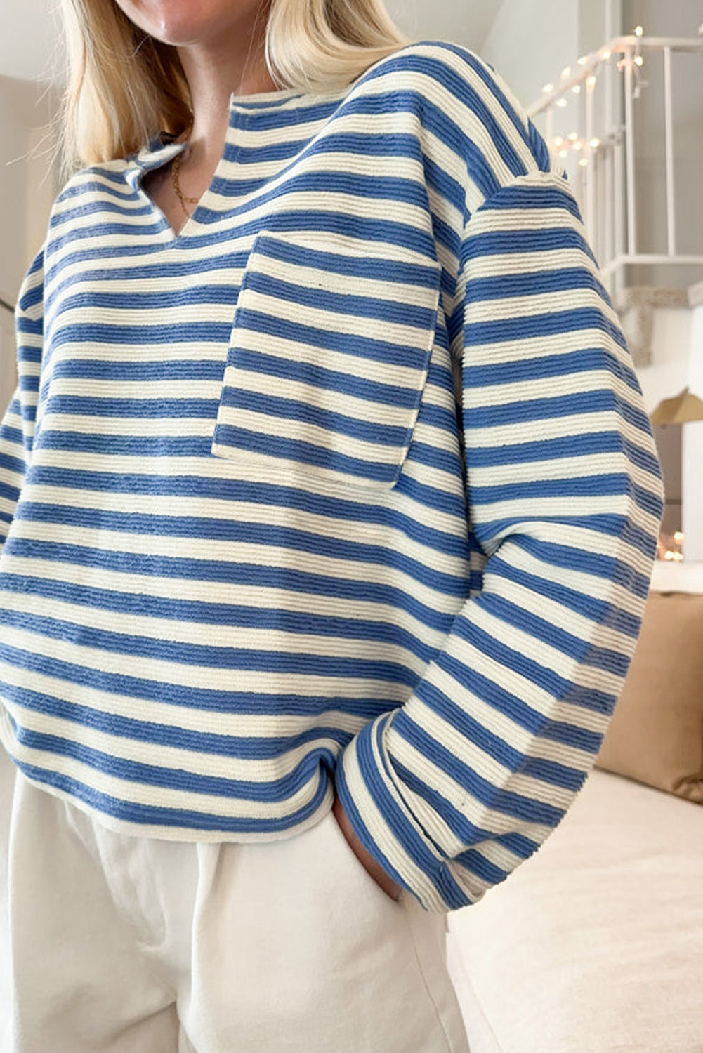 Sky Blue Stripe Back-Button Notch-Neck Top