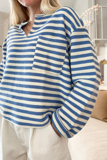 Sky Blue Stripe Back-Button Notch-Neck Top