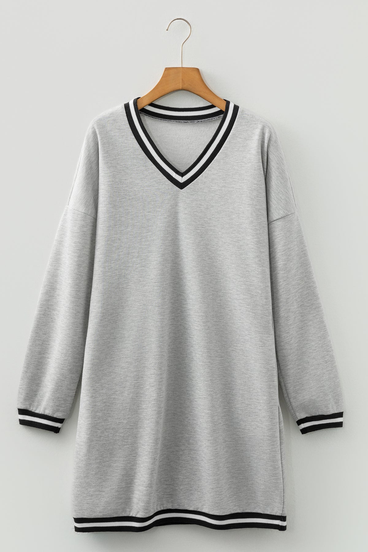 Light Grey Striped Trim V-Neck Long-Sleeve Preppy T-Shirt Dress