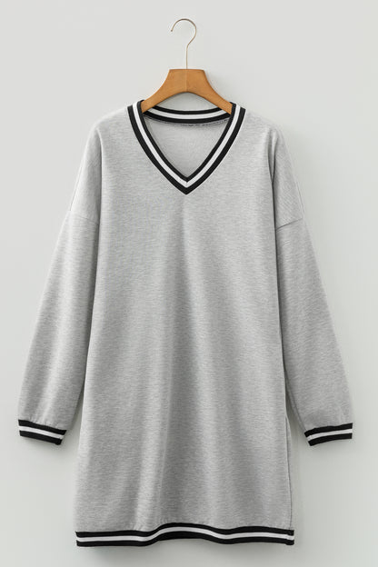 Light Grey Striped Trim V-Neck Long-Sleeve Preppy T-Shirt Dress