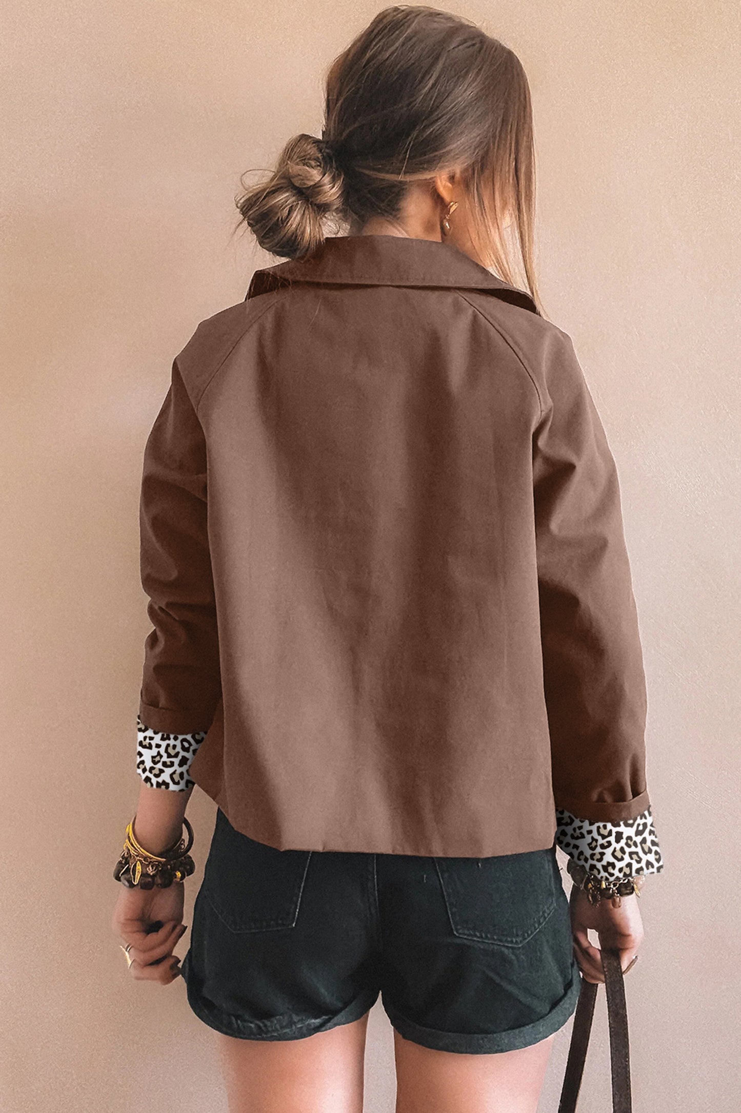 Dark Brown Leopard-Trim Cropped Jacket