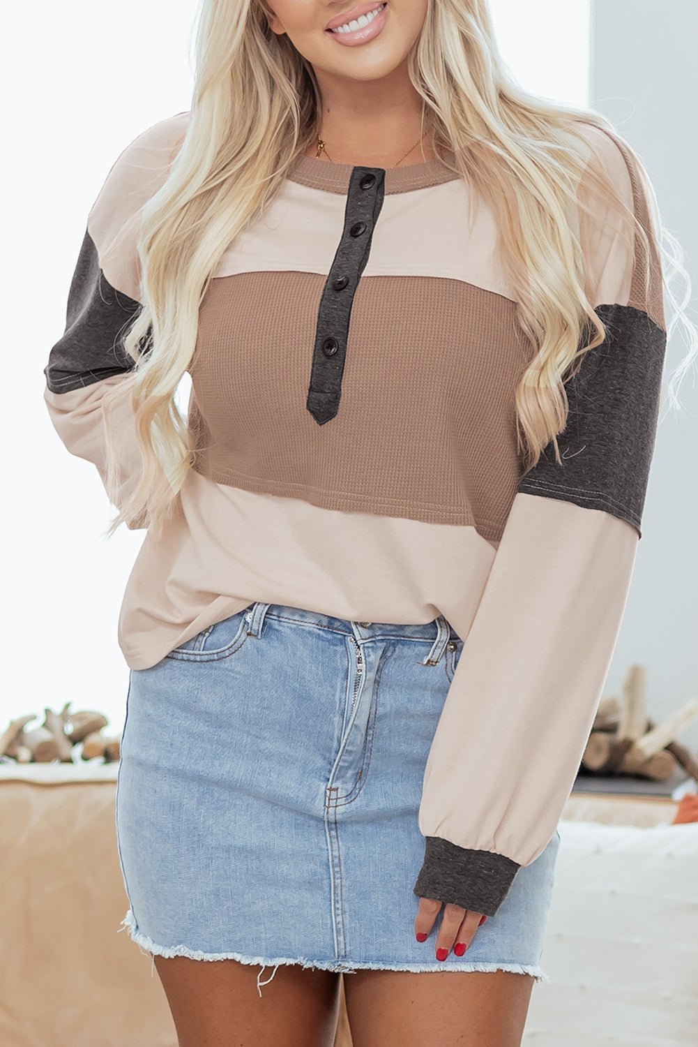 Jet Stream Color-Block Waffle-Knit Henley Top