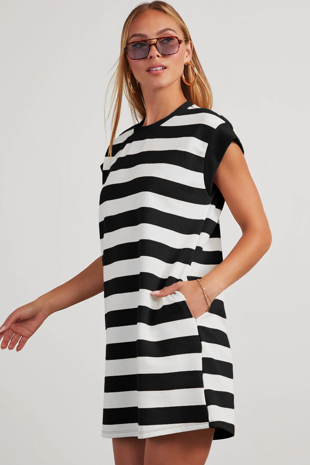 Black Striped Cap-Sleeve T-Shirt Dress