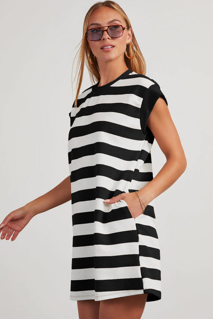 Black Striped Cap-Sleeve T-Shirt Dress