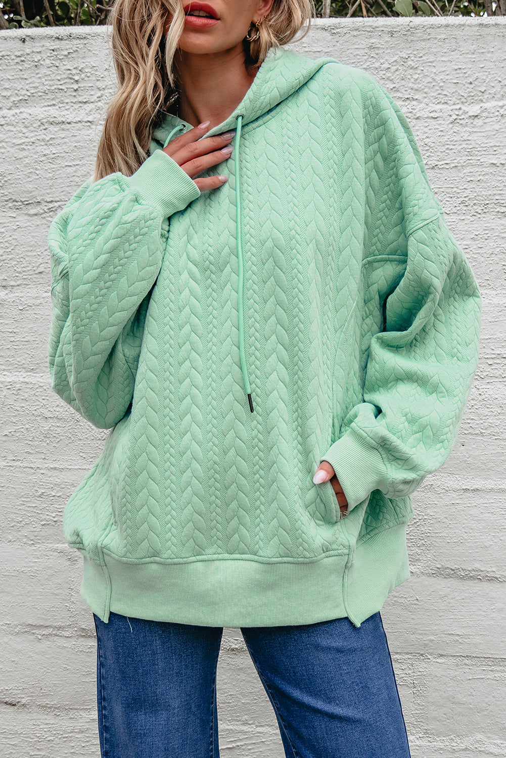 Moonlight Jade Cable-Texture Oversized Hoodie