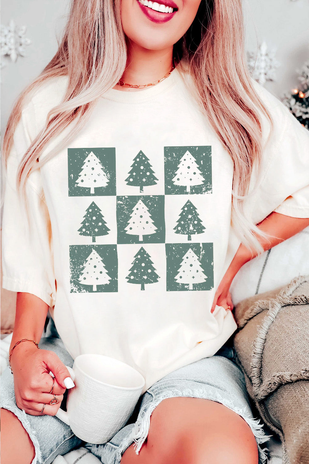 White Christmas Tree Checkerboard Graphic Tee