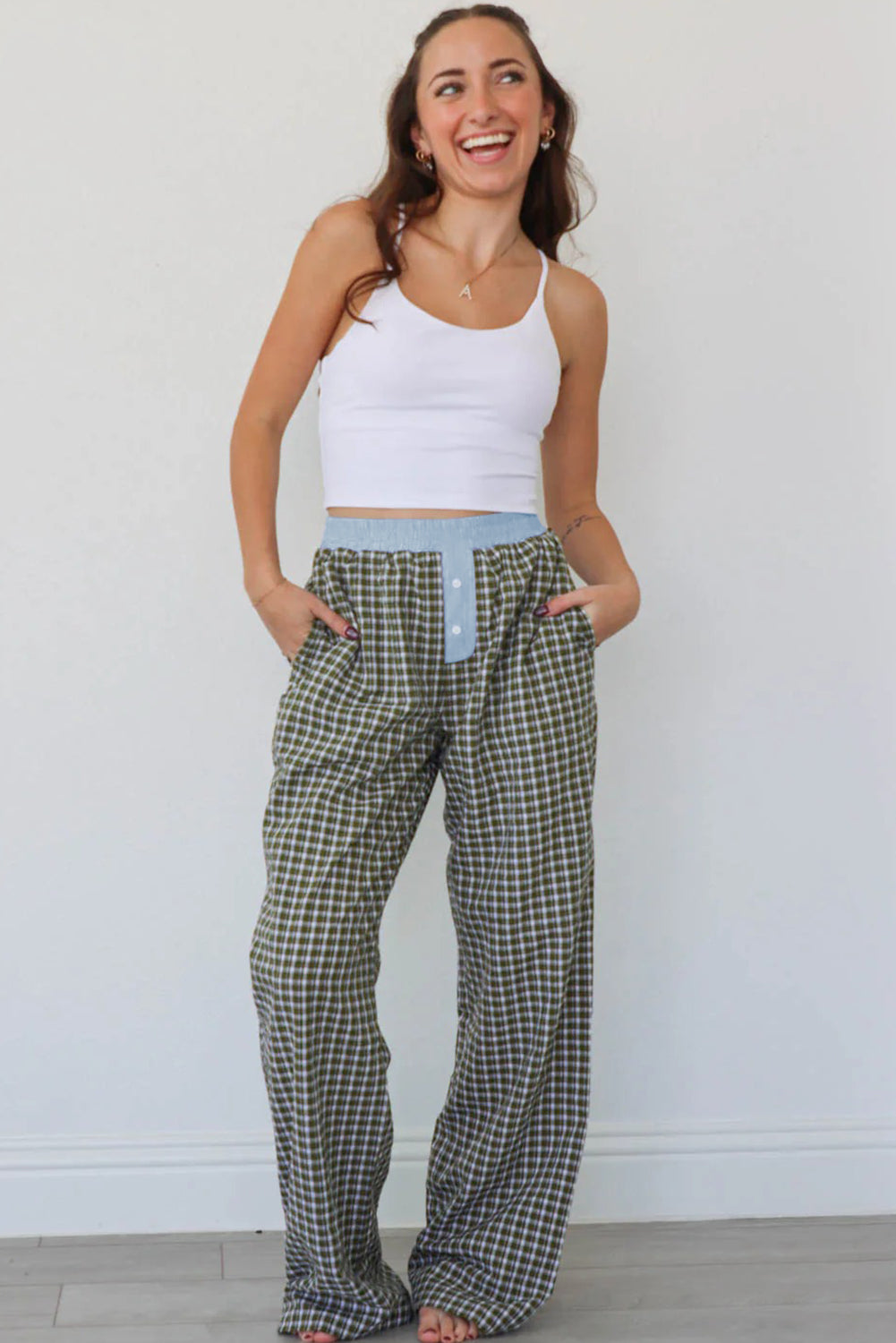Brown Gingham Wide-Leg Boxer Pants