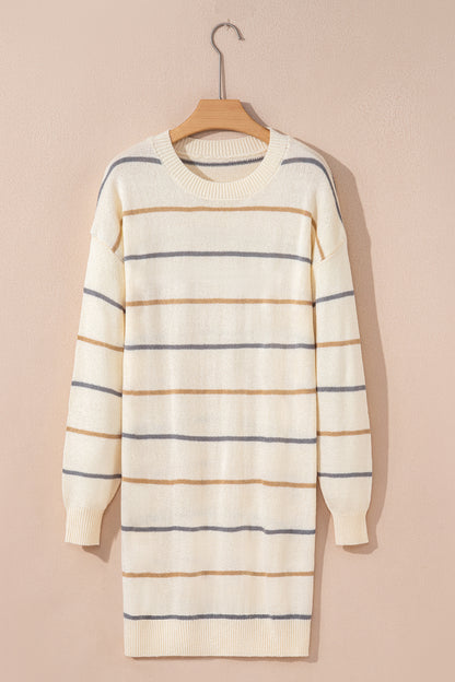 Cream Multicolor Striped Sweater Mini Dress