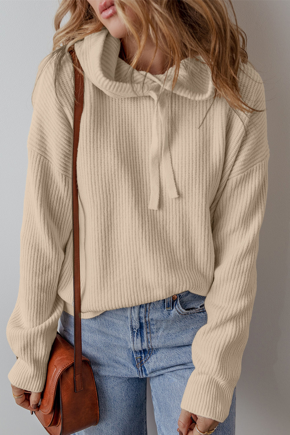 Beige Drawstring-Hood Knit Pullover Sweater
