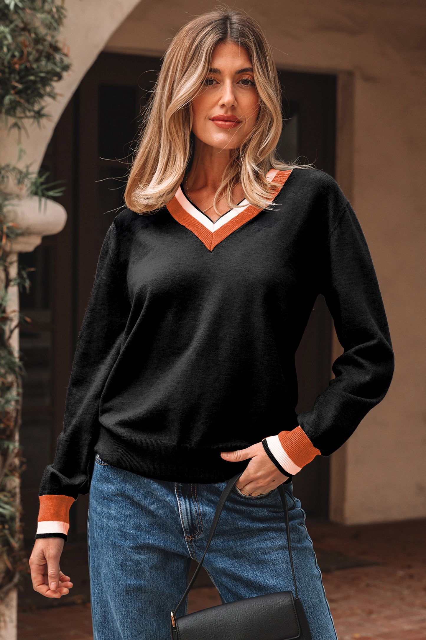 Gray Varsity Striped-Trim Sweater