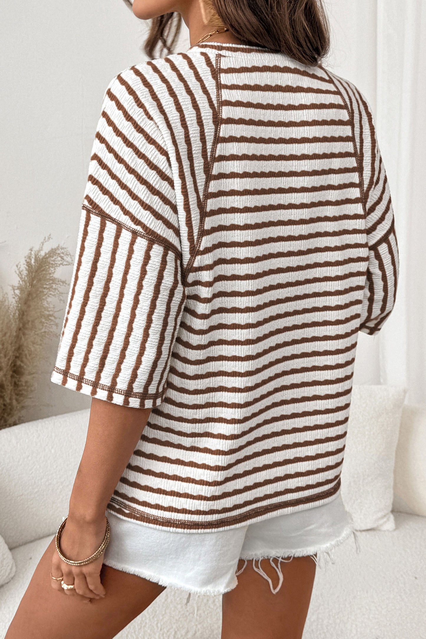 Pink Stripe Textured Knit Split Hem Half-Sleeve Loose Top