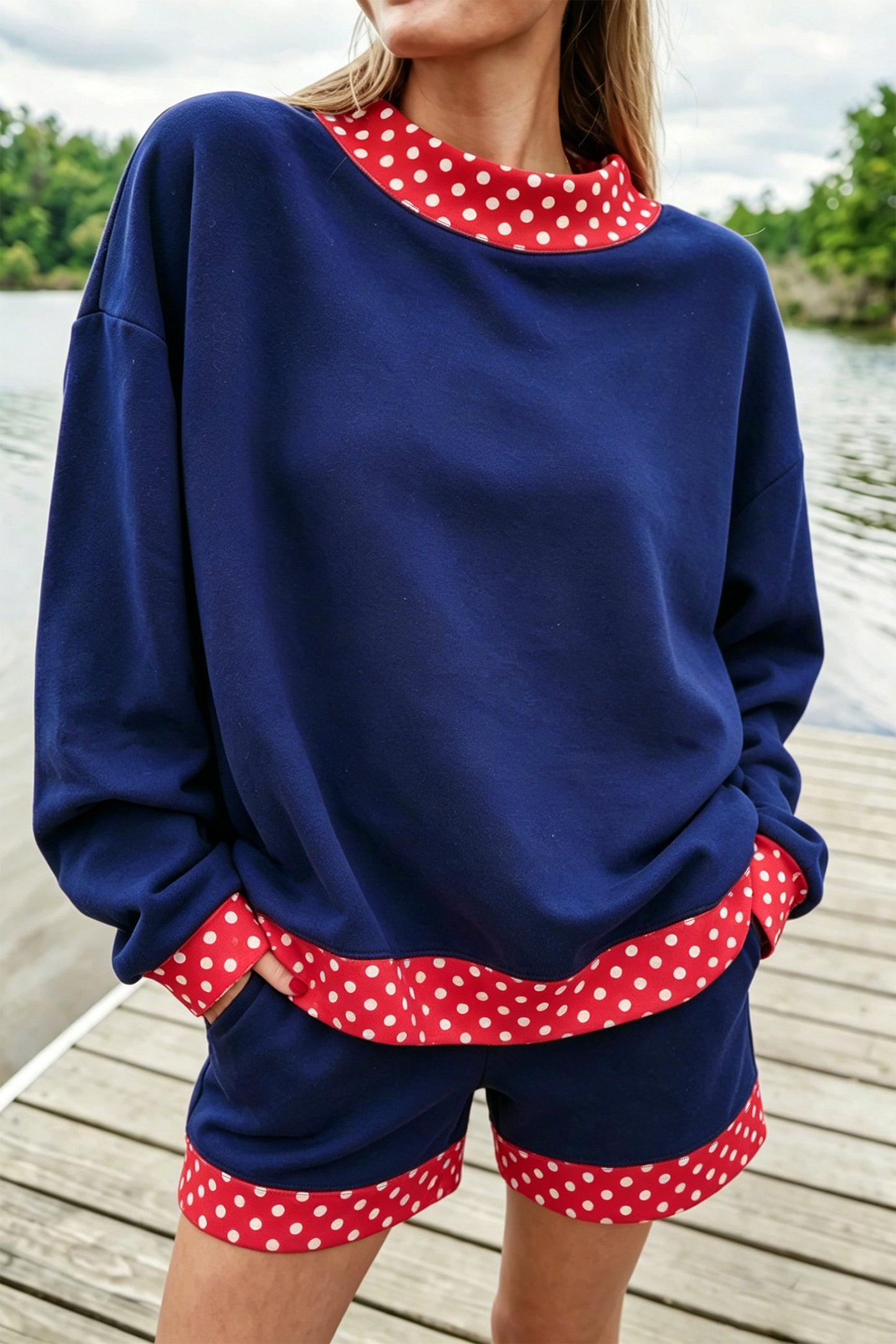 Polka-Dot Trim Pullover & Shorts Set
