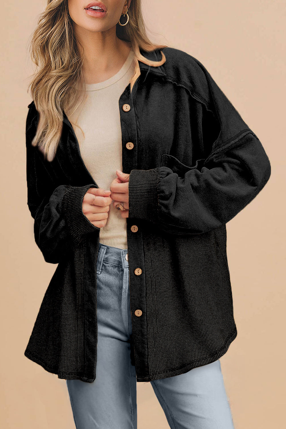 Black Waffle-Knit Oversized Shacket