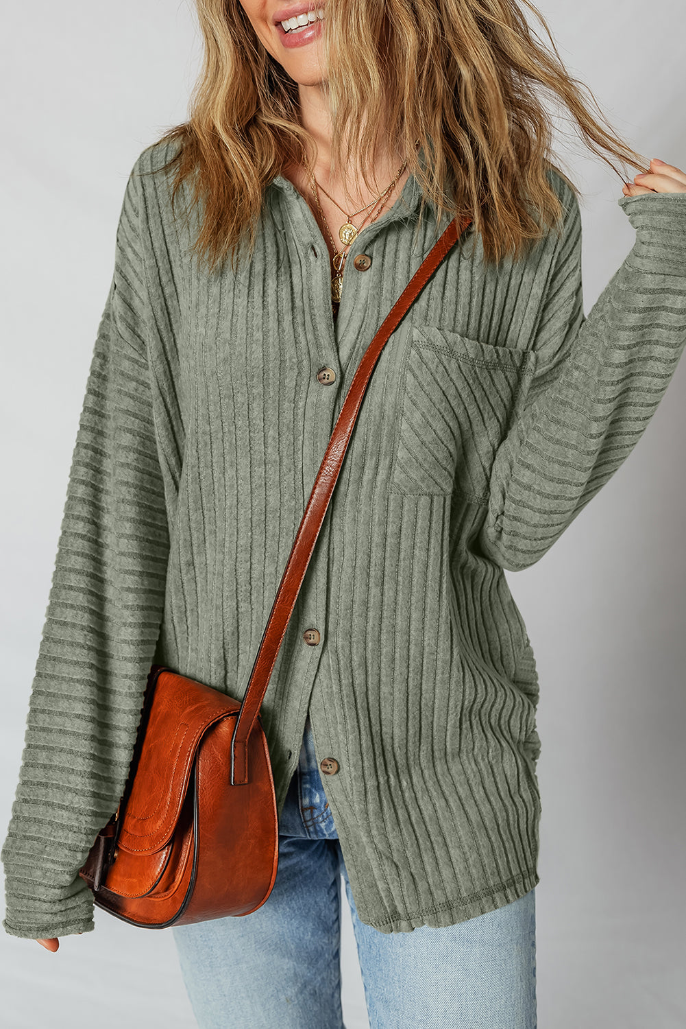 Mist Green Ribbed Button-Up Shacket