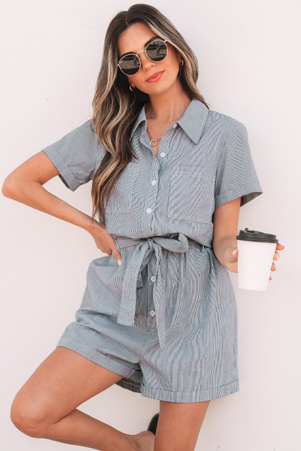 Blue Stripe Belted Shirt Romper