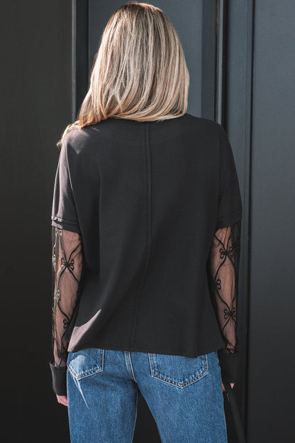 Black Floral-Lace Sleeve Long-Sleeve T-Shirt