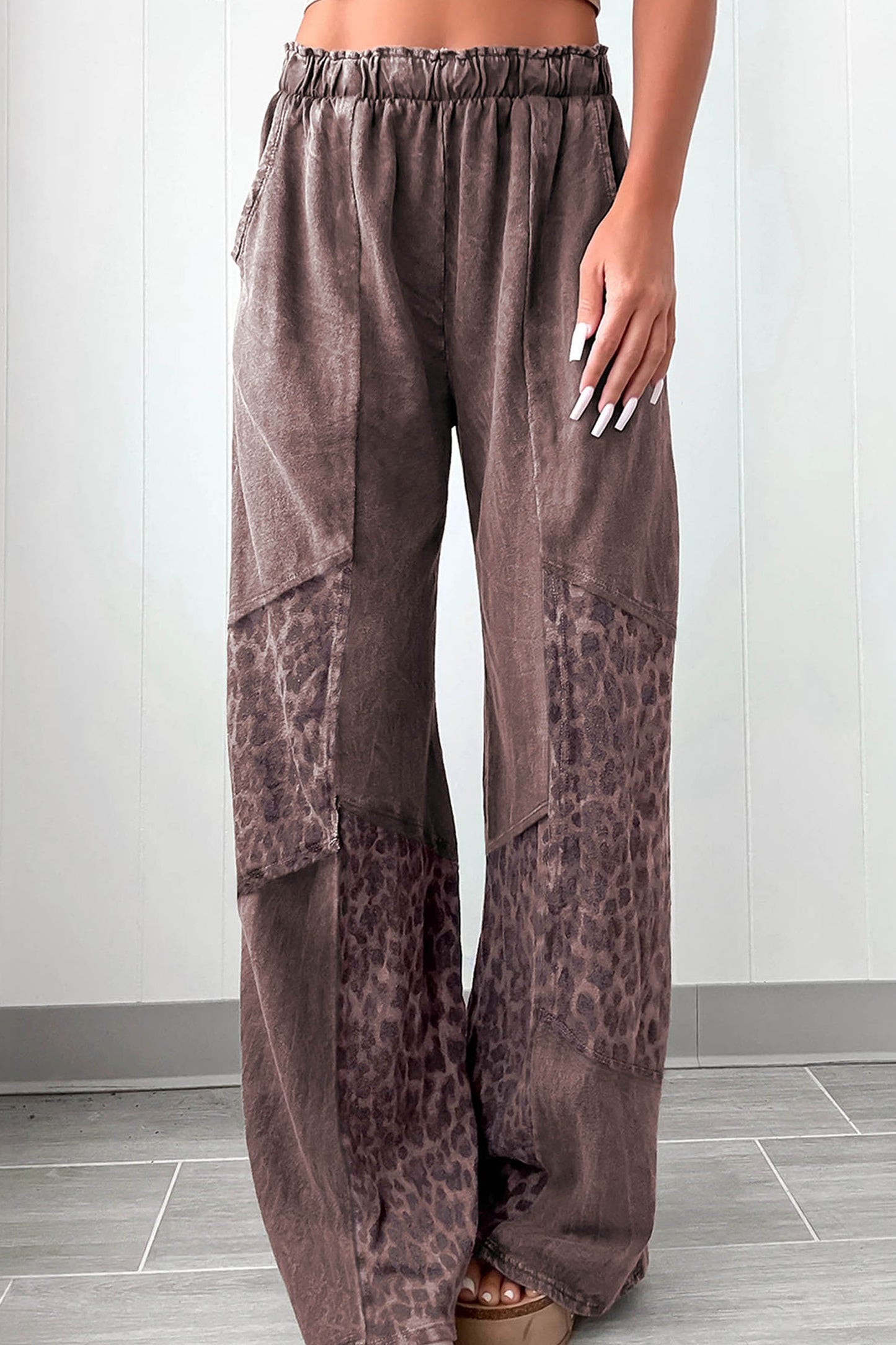 Coffee Leopard-Panel Wide-Leg Pants
