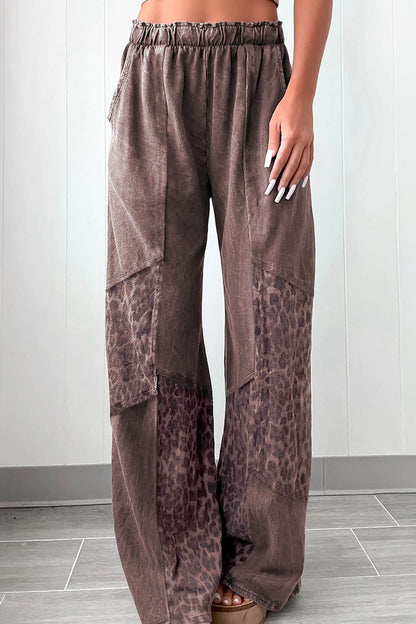 Coffee Leopard-Panel Wide-Leg Pants