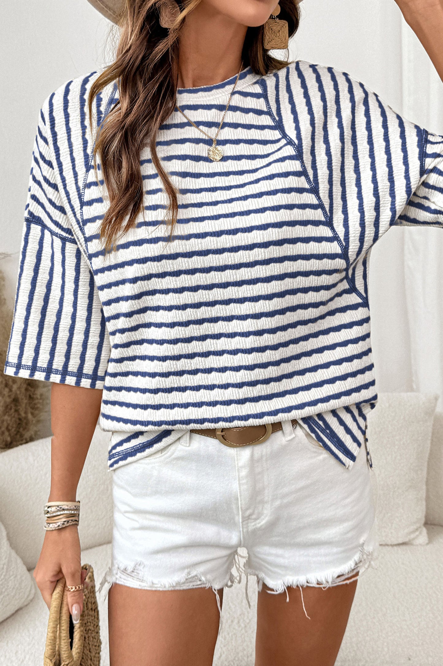 Pink Stripe Textured Knit Split Hem Half-Sleeve Loose Top