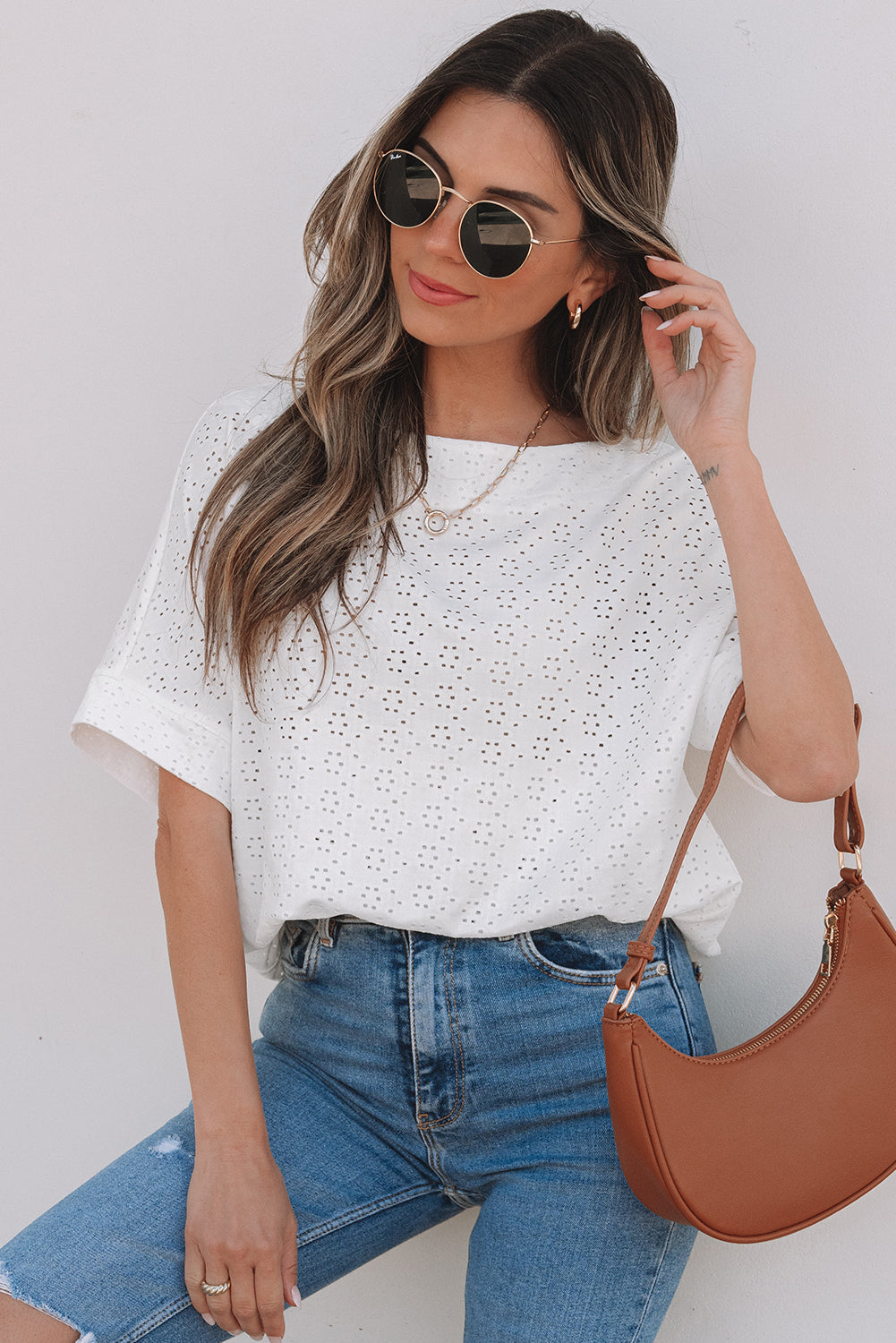 White Eyelet Boat-Neck Tee
