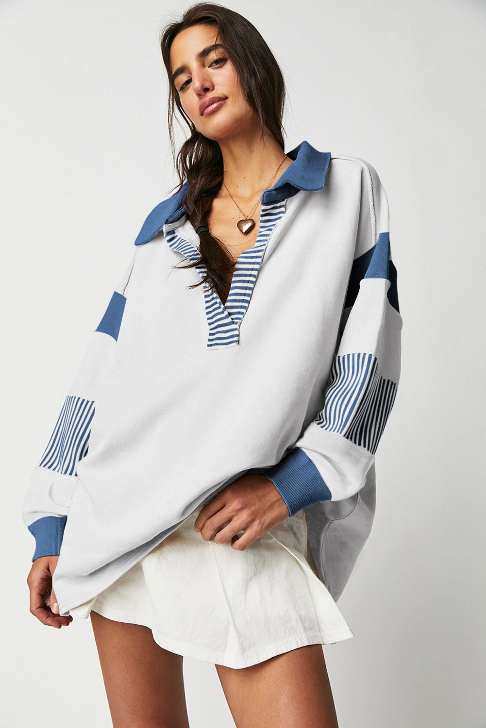 Pink Stripe Color-Block Patchwork Sweatshirt